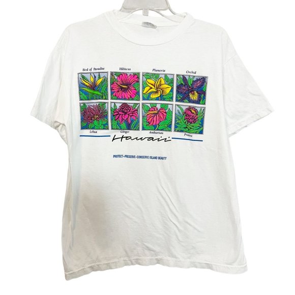 Vintage Tops - Vintage Hawaii Retro Bright Floral White Short Sleeve T-Shirt - Size XL